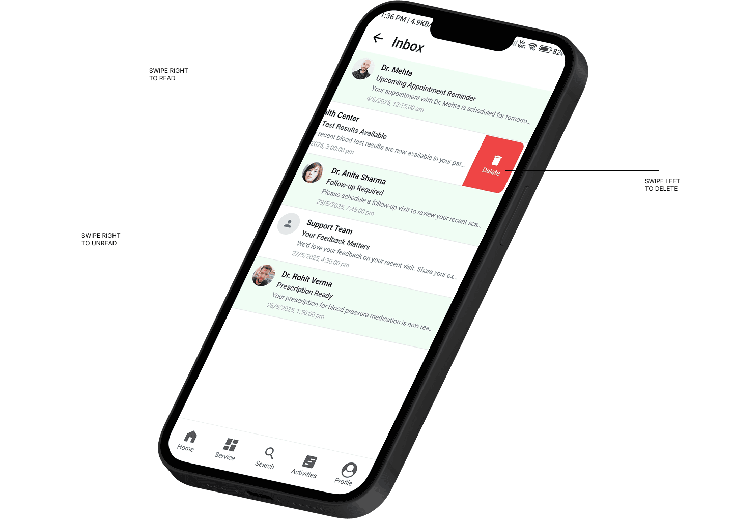 Swipe actions for patient inbox